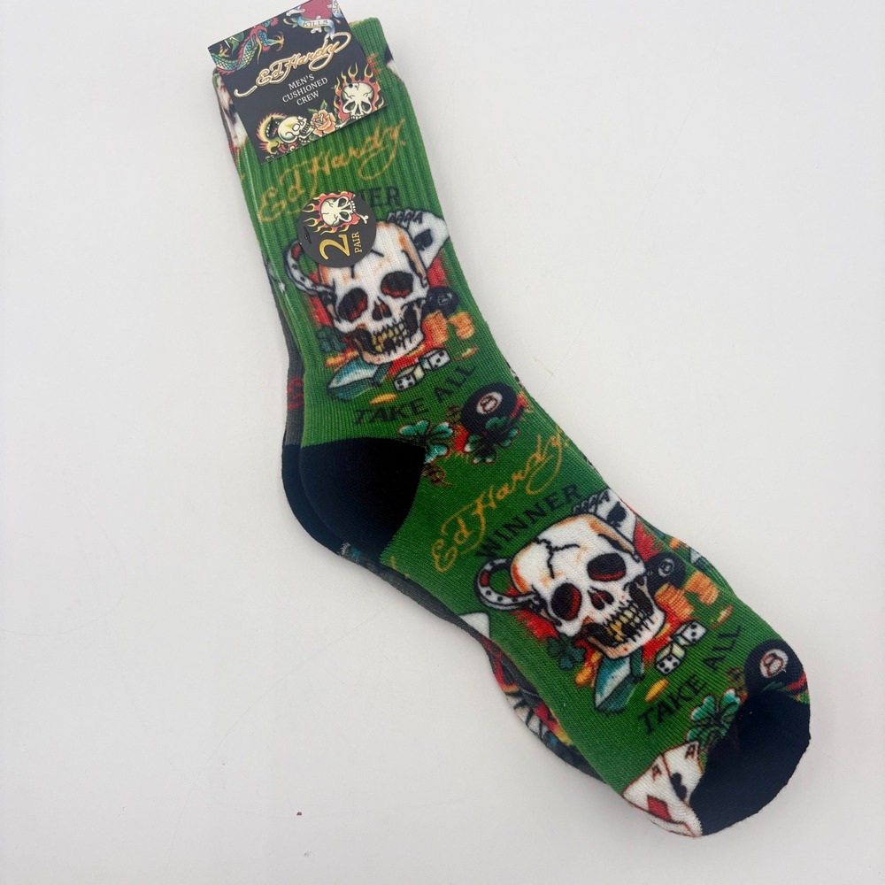 Ed Hardy Men's Crew Socks 2 Pair Pack Skull Flames Tattoo Design Shoe Size 6-12